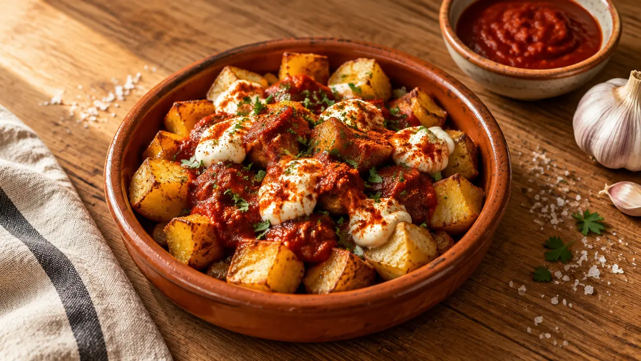 Goldbraune Kartoffelwürfel mit roter Bravas-Sauce und Aioli in einer Tonschale auf einem Holztisch
