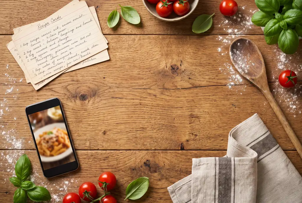 Rezeptkarten, Smartphone und frische Zutaten auf einem Holztisch